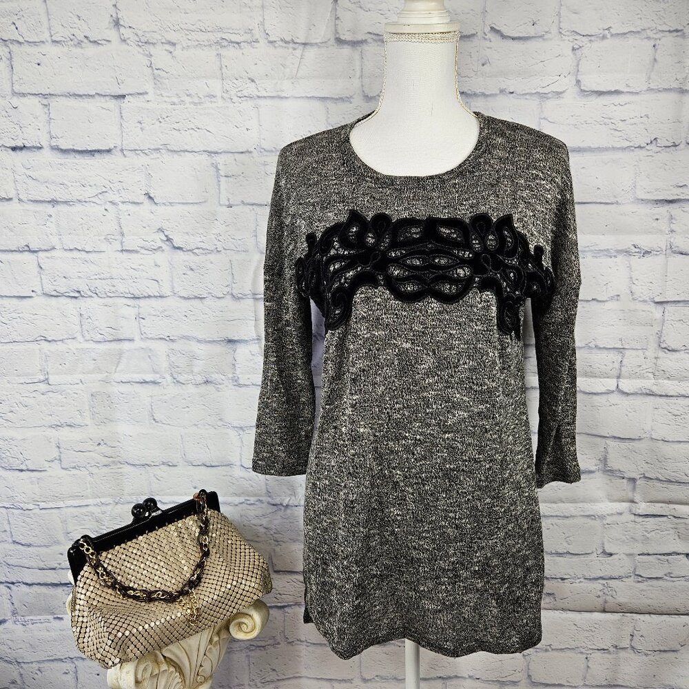 NWT Maurices Sz S Marled Black Velvet Lace 3/4 Sleeve Lightweight Knit Tunic Top
